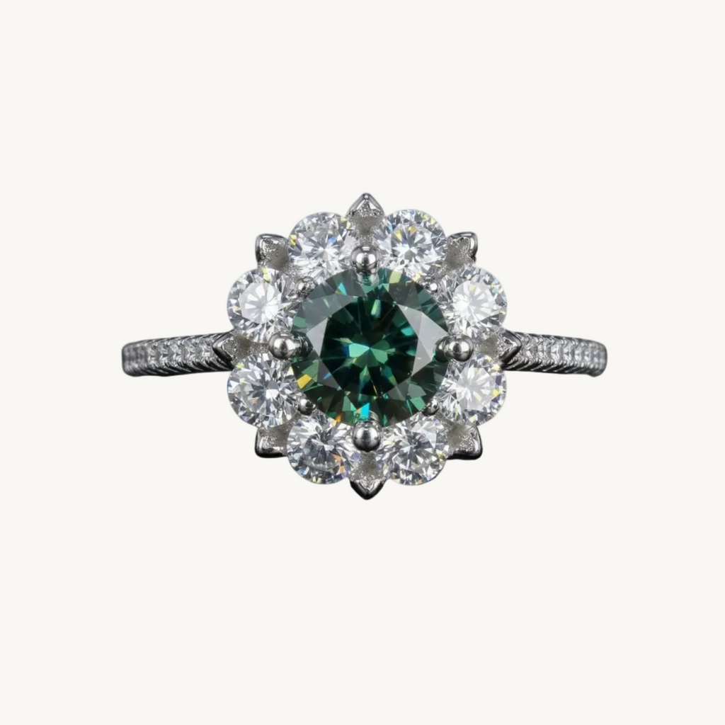 Anel moissanita verde flor prata 925 — Jardin Éternel Isi Laurier