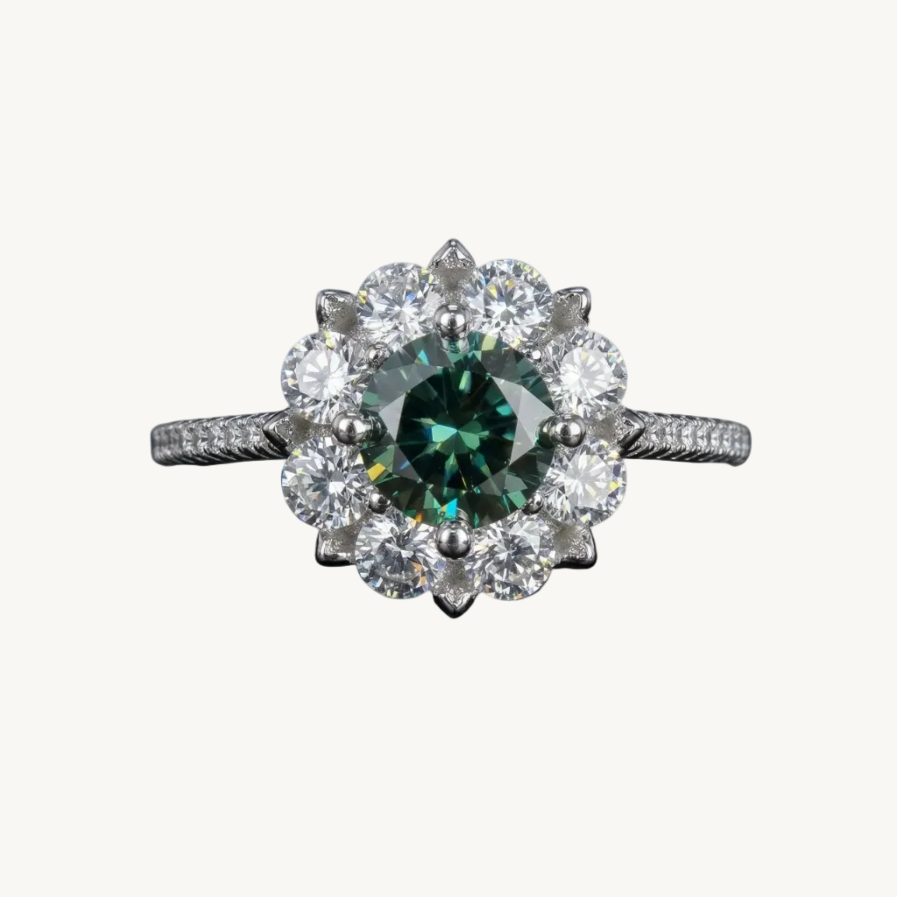 Anel moissanita verde flor prata 925 — Jardin Éternel Isi Laurier