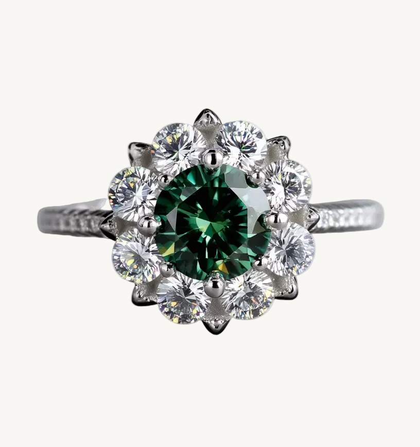 Anel moissanita verde flor prata 925 — Jardin Éternel Isi Laurier